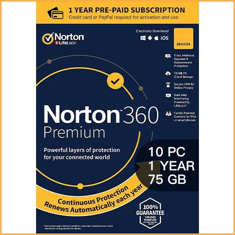Norton 360 Premium - 10 PCs - 1 Year - 75GB Cloud Storage [EU]